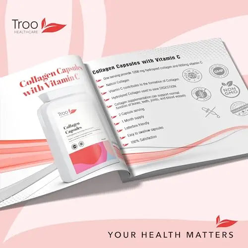 Troo Marine Collagen Supplement - 60 High Strength Capsules 1200mg Serving - Hydrolysed Marine Collagen Peptides with Vitamin C Troo Health Care Au supplements