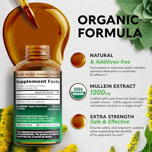 USDA Organic Mullein Drops for Lungs - Mullein Leaf Extract Supplement - Made in USA NUTRAHARMONY Au supplements