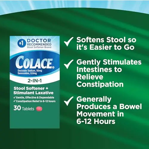 Colace 2-In-1 Stool Softener & Stimulant Laxative Tablets, Gentle Constipation Relief in 6-12 Hours Colace Au supplements