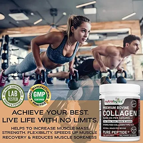 Pure Hydrolysed Collagen Powder 10000mg Bovine Type 1 & 3 Unflavoured|High Strength Protein Peptides for Women & Men NUTRABYTES Au supplements