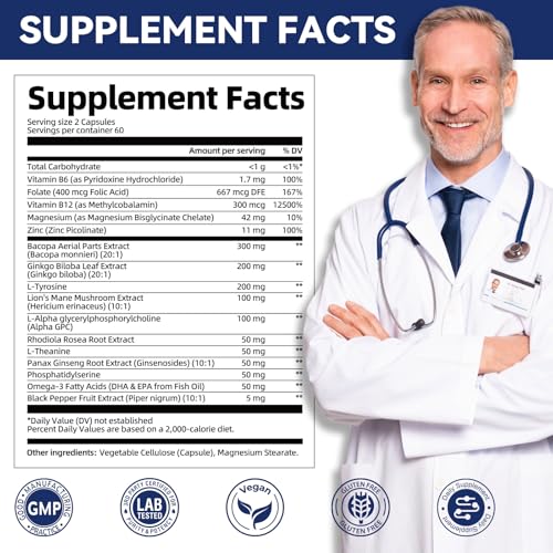Brain Supplements for Memory and Focus | Nootropic with Bacopa Monnieri, Lion's Mane, Alpha GPC, Ginkgo Biloba | Mental Clarity & Cognitive Support | Vitamin B6 & B12 Neuro Health - Non-GMO, 120 Caps Migcopat Au supplements