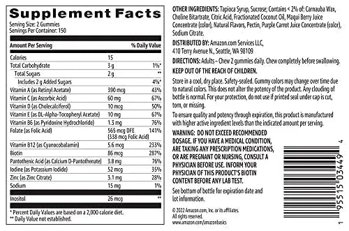 Amazon Basics Adult Multivitamin Gummies, Mixed Berry & Cherry, 150 Gummies, 75-Day Supply Amazon Basics Au supplements
