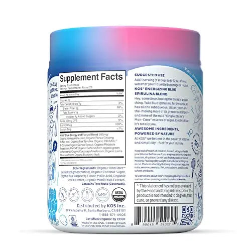 KOS USDA Organic Energizing Blue Spirulina Blend - 70 mg Organic Caffeine, B-Complex KOS Au supplements