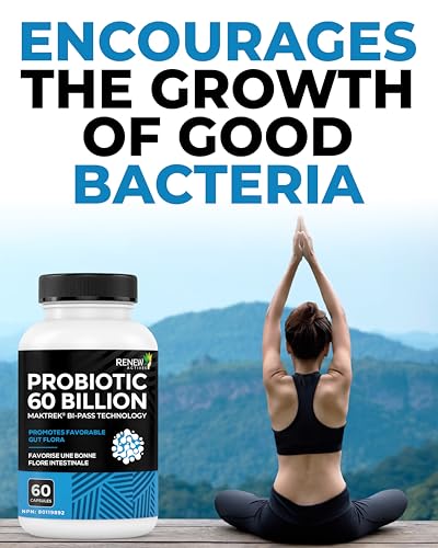 Renew Actives Probiotic Supplement for Digestive Health 60 Billion CFU per 2 Capsules - Advanced Formula with Prebiotic Benefits - Supports Gut Flora Balance & Wellness - Made in Canada - 60 Capsules Renew Actives Au supplements