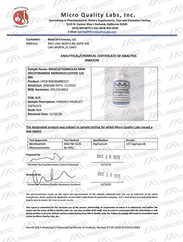 MAAC10 NMN Supplement Real Nicotinamide Mononucleotide (NMN 125mg Capsules). The Most Powerful NAD+ Precursor More Stable Than Riboside. We use 99% Pure Pharmaceutical Grade Stabilized NMN (30 Count) MAAC10 Au supplements