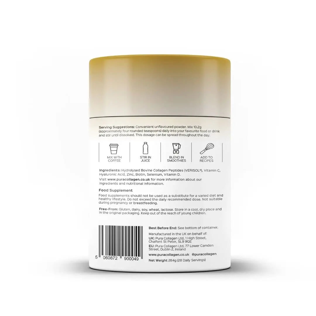 Pura Collagen Powdered Supplement Glow+, 10,000mg Hydrolysed Peptides, Hyaluronic Acid, Vitamins & Minerals, 28 Servings, 284 g Pura Collagen Au supplements
