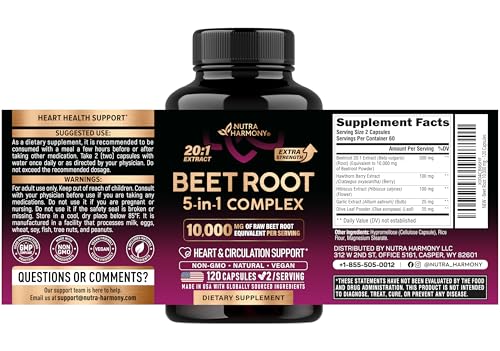 Beet Root 5-in-1 Complex Capsules - Healthy Blood Pressure Support Supplement for Heart & Circulation Support - Olive Leaf, Hawthorn Berry & Hibiscus