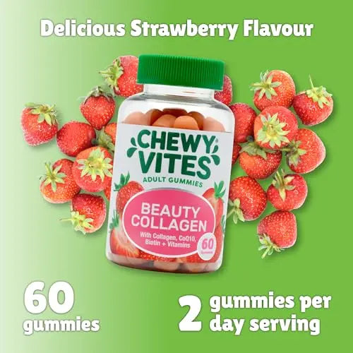Chewy Vites Beauty Collagen 60 Gummy Vitamins |Hydrolised Collagen, CoQ10, Biotin + Vitamins | 1 Month Supply | Real Fruit Juice | Berry Flavour | 2-a-Day | CHEWY VITES Au supplements
