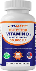 Vitamatic Vitamin D3 50,000 IU (as Cholecalciferol), Once Weekly Dose, 1250 mcg, 60 Veggie Capsules 1 Year Supply, Progressive Formula Helping