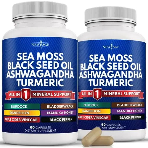 Silica Sea Moss 3000mg Black Seed Oil 2000mg Ashwagandha 1000mg Turmeric 1000mg NEW AGE Au supplements