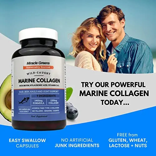 Marine Collagen 1400mg | 120 Capsules with Biotin, Hyaluronic Acid, Vitamin C, E, B2, Zinc, Copper & Iodine Miracle Greens Au supplements