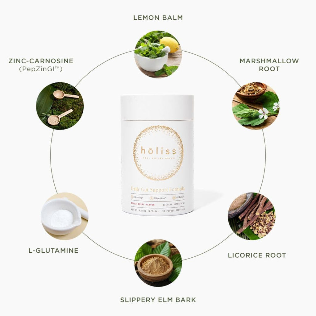 HOLISS Daily Gut Health Kit – 6-in-1 All Natural Supplement, Bloat & Gas Aid, GI Lining Repair, IBS Support – Lemon Balm, L-Glutamine, PepZinGI, Mixed Berry, 30 Servings, Electric Mixer & Spoon HOLISS Au supplements