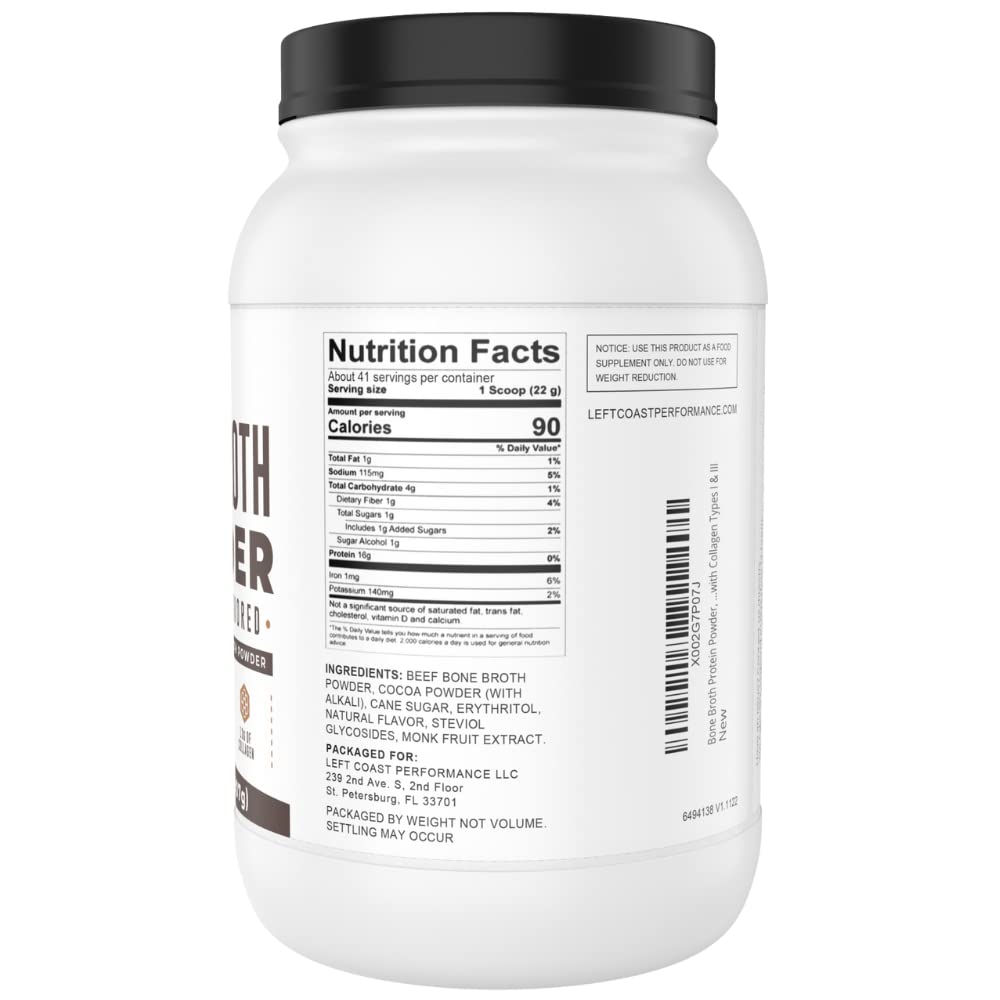 Chocolate Bone Broth Protein Powder - 100% Grass Fed Beef Bone Broth with 16g Protein & 13g Collagen per Serving - Great for Shakes & Hot Chocolate - Keto Friendly Low Carb