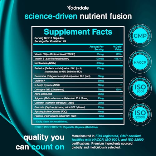 Adndale NAD Supplement. Longevity Formula with Liposomal NAD+, Trans Resveratrol, Urolithin-A, Berberine, CoQ10. NMN Supplement Alternative. 90 Count Adndale Au supplements
