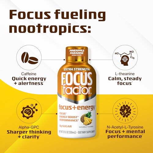 Focus Factor Extra Strength Focus + Energy Shots - 12 x 2oz Bottles (Pineapple Paradise Flavor) - Powered by Nootropics with Caffeine, L-Theanine, Ginkgo, Bacopa, L-Tyrosine, Alpha GPC Focus Factor Au supplements