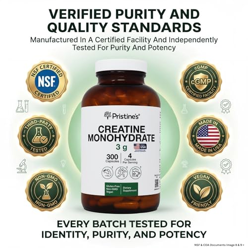 PRISTINE'S Creatine Monohydrate Capsules for Women & Men - NSF Certified 75 Day Supply 3G Muscle Growth Support Supplement - Cognitive & Athletic Performance Support - Enhanced Recovery PRISTINE'S Au supplements