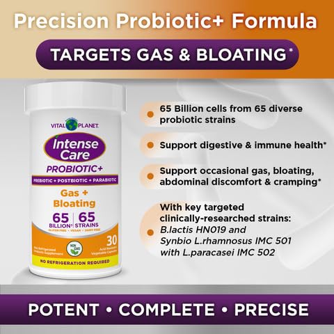 Vital Planet - Intense Care Gas & Bloating Probiotics Plus Organic Prebiotics, Postbiotics, Parabiotics, Complete 4-in-1 Supplement for Adults, 65 Billion CFU, 65 Strains, Digestive and Immune 30 ct Vital Planet Au supplements