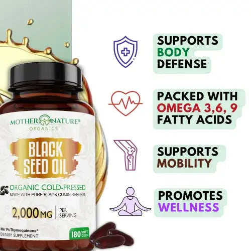 Organic Black Seed Oil Capsules - 3 Month Supply - 180 Count (2000mg Per Serving) Mother Nature Organics Superfoods for Organic Living Au supplements