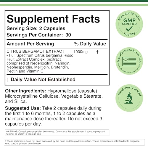 Citrus Bergamot Supplement, 1000mg, 60 Capsules - Supports Healthy Cholesterol & Triglyceride Levels - 1,000mg Servings
