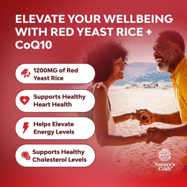 Natures Craft Red Yeast Rice with CoQ10 Supplement - Advanced Healthy Heart & Healthy Cholesterol Levels Formula for Men & Women - Red Yeast Rice Capsules with 1200 mg