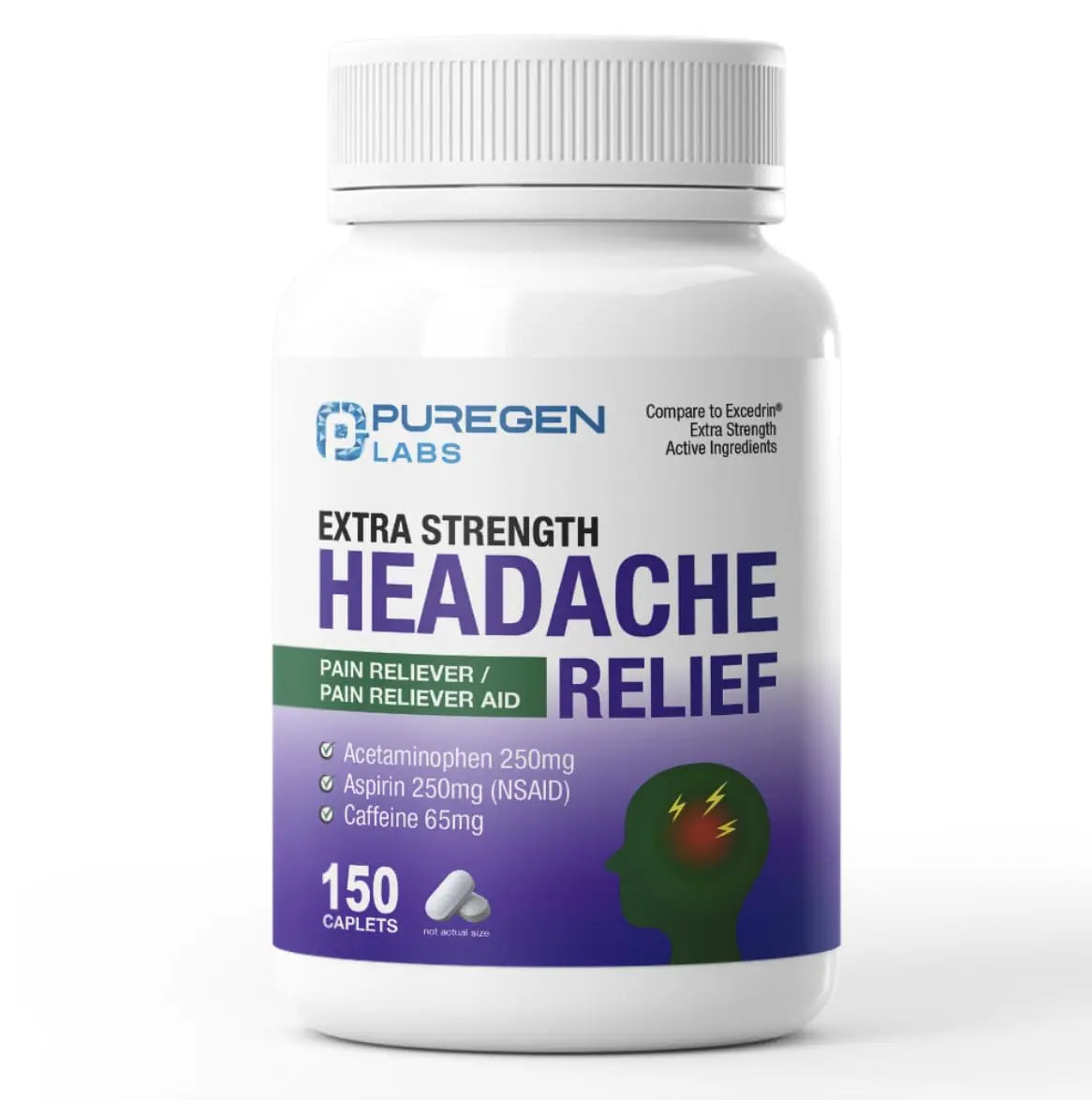 Puregen Labs Extra Strength Headache Caplets, Aspirin 250 mg (NSAID), Caffeine 65 mg, 150 Count P Puregen Labs Au supplements