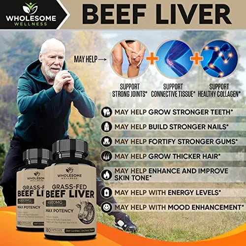 Grass Fed Desiccated Beef Liver Capsules (180 Pills, 750mg Each) - Natural Iron, Vitamin A Wholesome Wellness Au supplements
