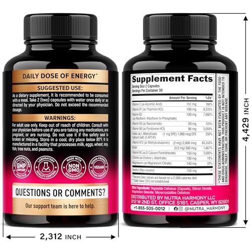 Vitamin B Complex for Men & Women - Riboflavin B2, B12, B1, B3, B5, B6, B7, B8, B9 | Vitamin C, Choline, Inositol - B-Complex Supplement