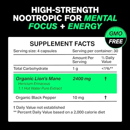 Organic Lions Mane Supplement Capsules 2400 mg - Powerful Nootropic - Helps Maintain VitaRaw Au supplements