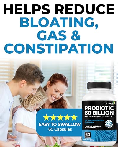 Renew Actives Probiotic Supplement for Digestive Health 60 Billion CFU per 2 Capsules - Advanced Formula with Prebiotic Benefits - Supports Gut Flora Balance & Wellness - Made in Canada - 60 Capsules Renew Actives Au supplements