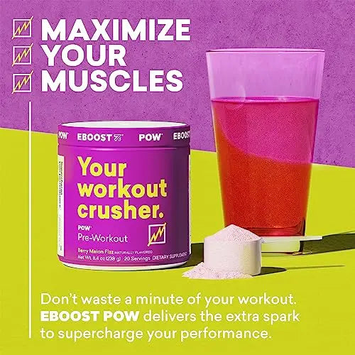 EBOOST POW Natural Pre Workout Powder - 20 Servings - Berry Melon Fizz - Pre Workout EBOOST Au supplements