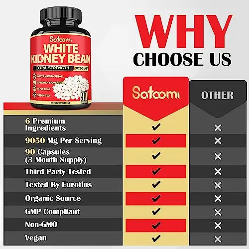 Pure White Kidney Bean Extract Capsules - 6 Herbal Ingredients 9050 mg Equivalent Satoomi Au supplements