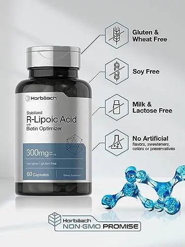 Stabilized R-Lipoic Acid 300mg | 60 Capsules | with Biotin Optimizer | Non-GMO, Gluten Horbäach Au supplements