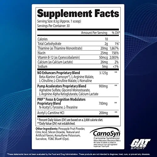 GAT SPORT PMP (Peak Muscle Performance), Pre-Workout, 30 Servings (Blue Raspberry GAT SPORT Au supplements