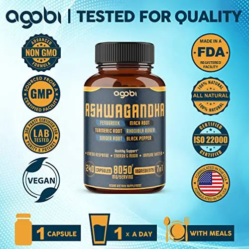 240 Capsules - 8 Month Supply - 7in1 Ashwagandha 8050mg - Combined With Fenugreek agobi Au supplements