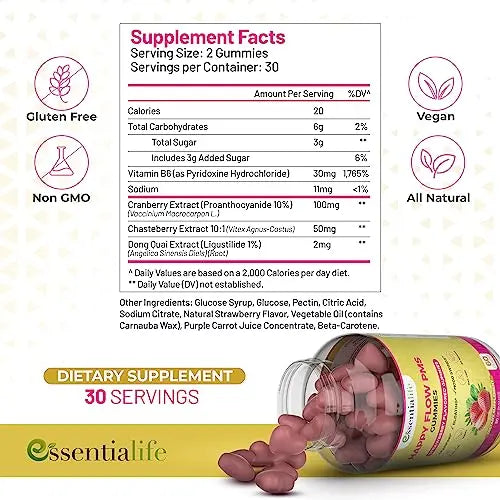 Happy Flow Strawberry-Flavor Chewable PMS Gummies | Hormone Balance Chasteberry Essentialife Au supplements