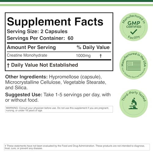 Creatine Monohydrate Capsules - 1g per Serving, 120 Count - No Fillers, Vegan Safe, Non-GMO, Gluten Free by Double Wood Double Wood Supplements Au supplements