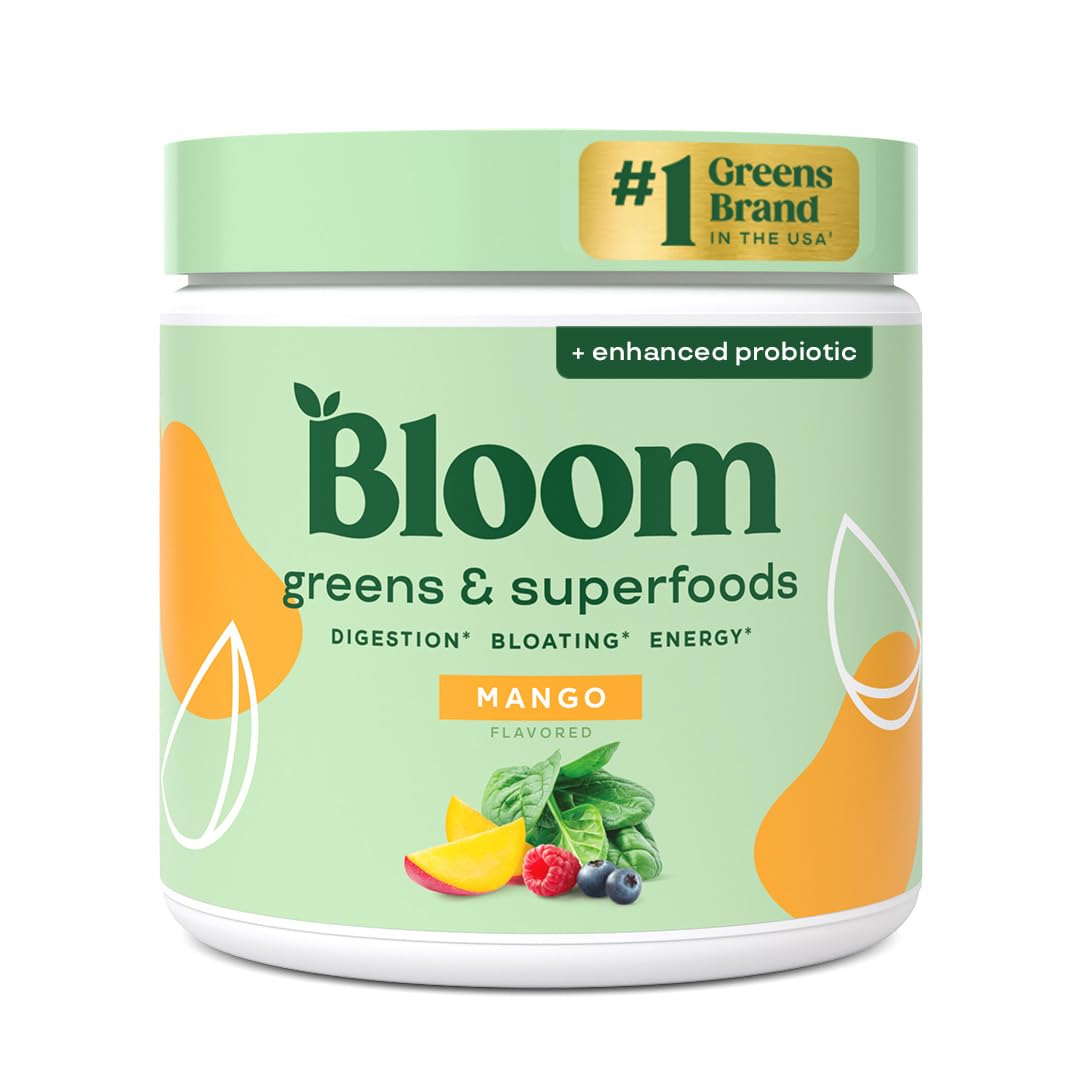 Bloom Nutrition Superfood Greens Powder, Digestive Enzymes with Probiotics and Prebiotics, Gut Health, Bloating Relief for Women, Chlorella, Green Juice Mix with Beet Root Powder, 30 SVG, Mango Bloom Nutrition Au supplements