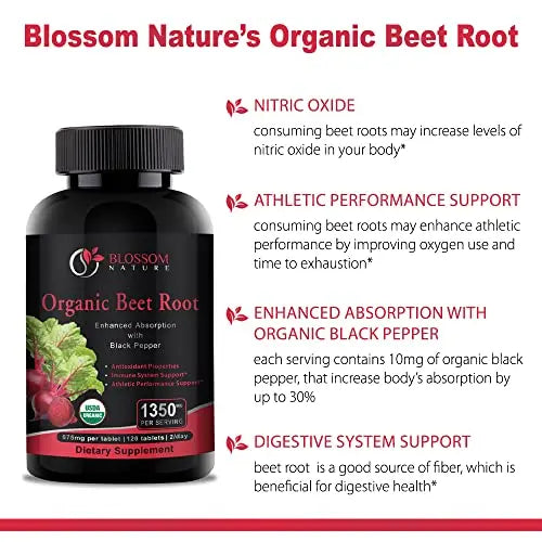 Organic Beet Root Powder 1350mg with Black Pepper-Nitric Oxide Booster, Digestive System Blossom Nature Au supplements