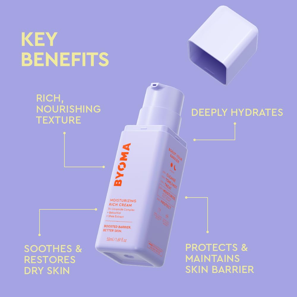 BYOMA Moisturizing Rich Cream - Barrier Repair Cream Face Lotion with Bakuchiol & Shea Extract - Ceramide Face Moisturizer for Dry Skin