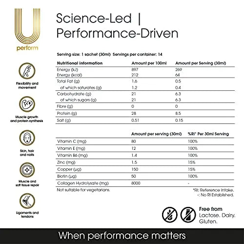 U Perform - Sports Muscle Recovery Supplement - High Protein Liquid Collagen Drink - Great for Joints Repair - Citrus Tasting and Natural Ingredients Based (8000mg) (14 sachets) U Perform Au supplements
