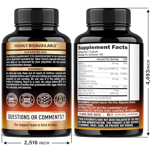 Vitamin D3 K2 - Vitamin D3 10000 iu & K2 as MK-7 120 mcg - Immune & Mood Support, for Bone & Teeth Health - with Magnesium, Zinc & Vitamin C & B12 - Highly Bioavailable