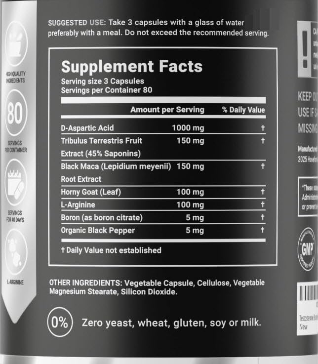 Testosterone Booster Supplement for Men | Boron supplement for men with Tribulus Terrestris, Black Maca, Horny Goat Weed, L-Arginine | Stamina, Endurance, Muscle growth & strength | 80 Servings B Life Company Au supplements