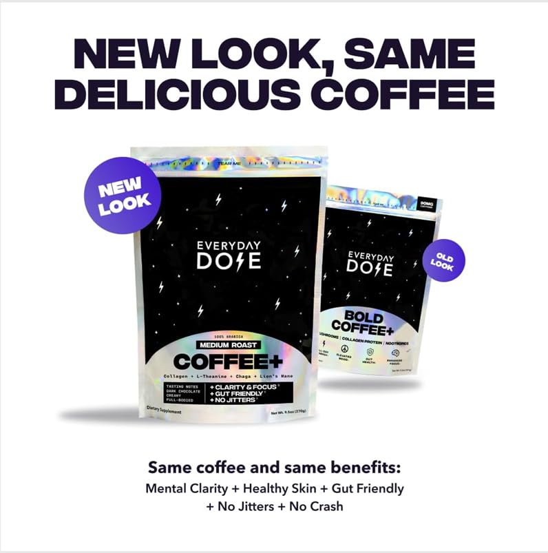 Everyday Dose Premium Adaptogenic Mushroom Coffee with Grass-Fed Collagen, Chaga, Lions Mane & L-Theanine for Better Focus, Energy, Digestion, Skin, and Immunity 30 Servings