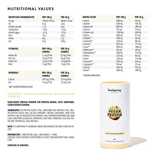 foodspring Vegan Protein Cookie Dough - 21g Protein per Shake to Build Muscle, B12, B6, folic Acid foodspring Au supplements