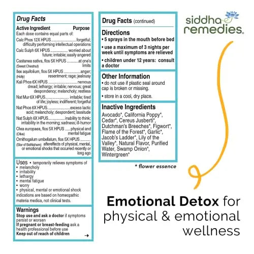Siddha Remedies Emotional Detox Homeopathic Oral Spray for Melancholy, Irritability Siddha Au supplements