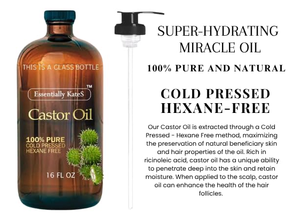 Essentially KateS Castor Oil 16 Fl Oz (Glass Bottle) - Original - A Huge Glass Bottle with a Pump - 100% Pure and Natural