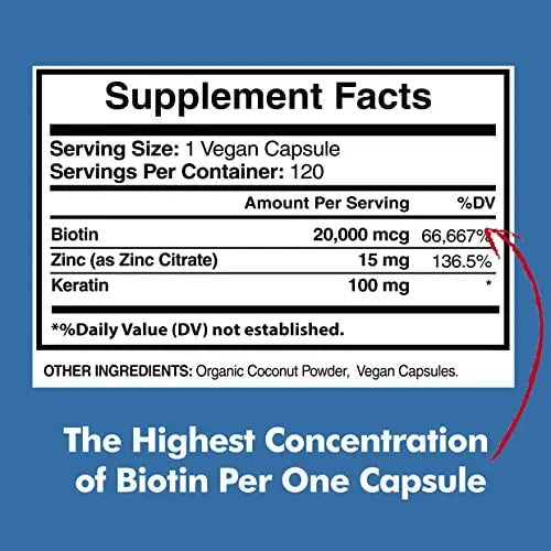 Biotin 20,000mcg with Keratin, Organic Coconut and Zinc, Hair Growth Supplements, Biotin American Standard Supplements Au supplements