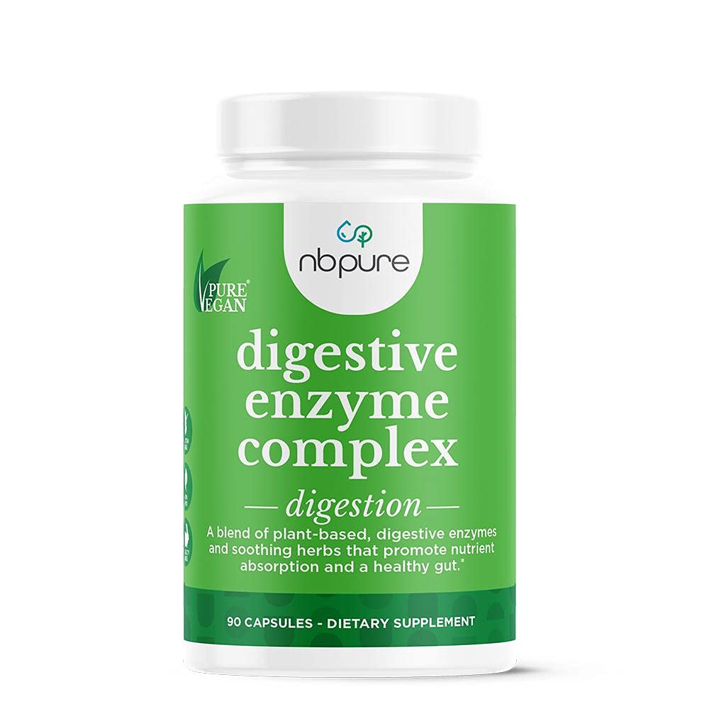 nbpure Vegan Digestive Enzyme Complex – Daily Bloating, Gas, & Food Digestive Support for Women & Men – 12 Enzymes & 3 Herbs – Lactase, Protease, Lipase