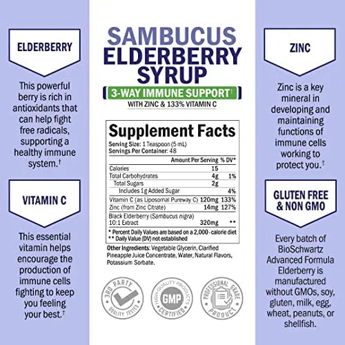 Elderberry Syrup for Kids and Adults - Natural Immune Support with Zinc and Vitamin C BioSchwartz Au supplements