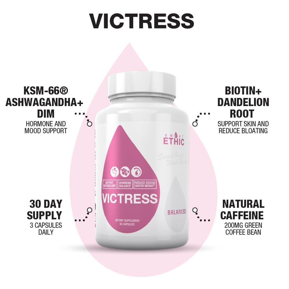 Sweat Ethic Victress, Hormone Balance Support for Women with KSM-66 Ashwagandha, DIM, Biotin, Folic Acid, Dandelion Root, Cayenne Pepper & Vitamin D3, Daily Wellness Formula, 90 Easy to Take Capsules Sweat Ethic Au supplements